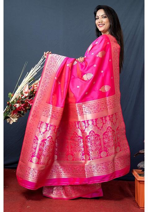Pink Floral Motif Woven Zari Pure Banarasi Silk Saree Set