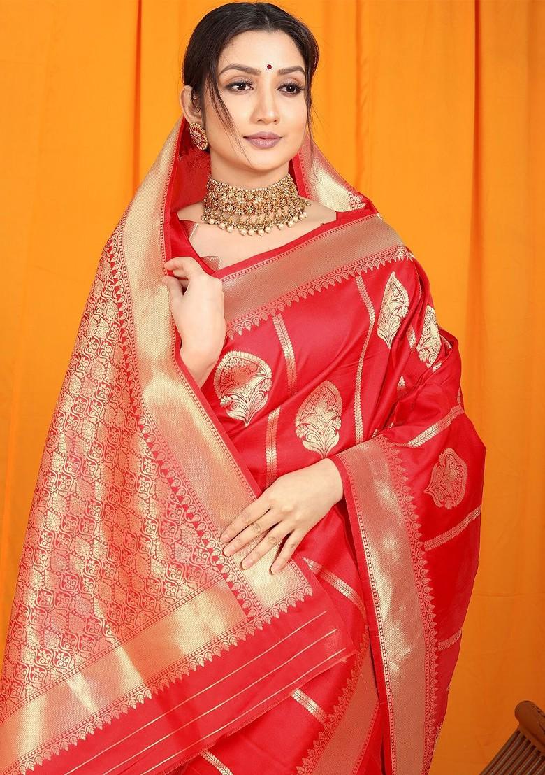 Red And Golden Ethnic Motifs Zari Pure Banarasi Silk Saree Set