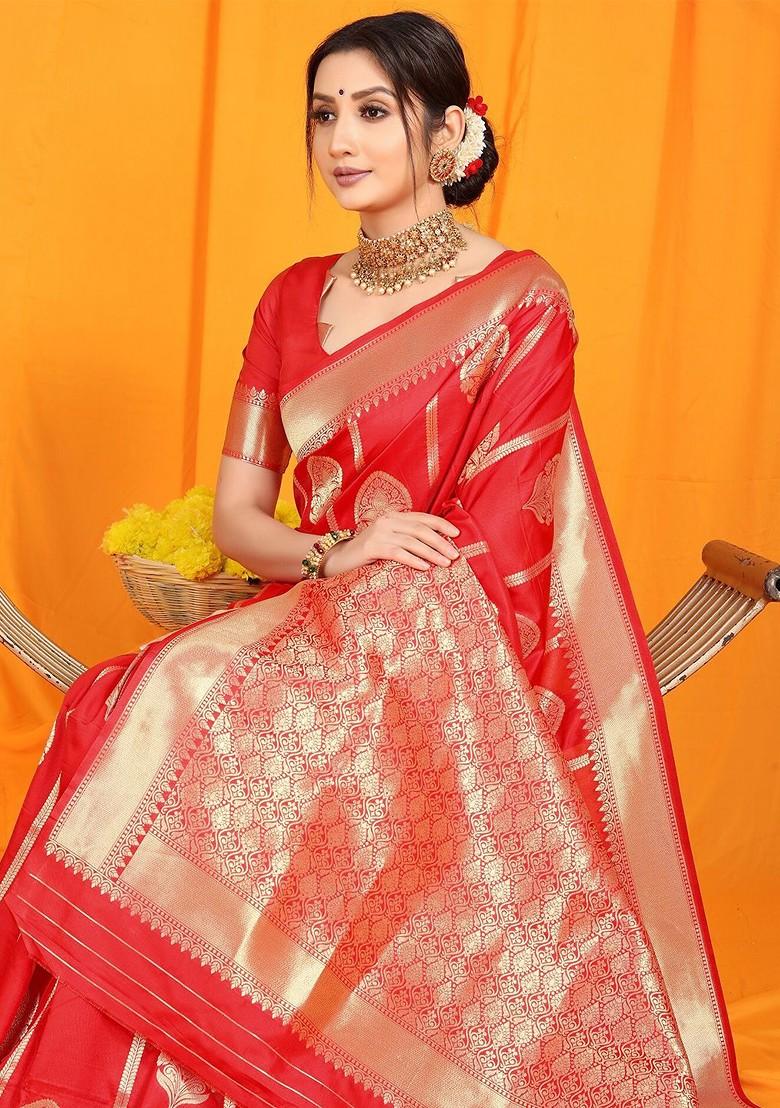 Red And Golden Ethnic Motifs Zari Pure Banarasi Silk Saree Set