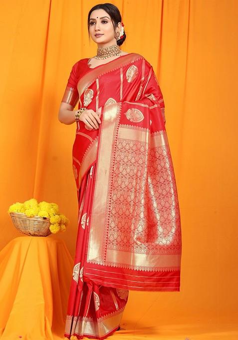 Red And Golden Ethnic Motifs Zari Pure Banarasi Silk Saree Set