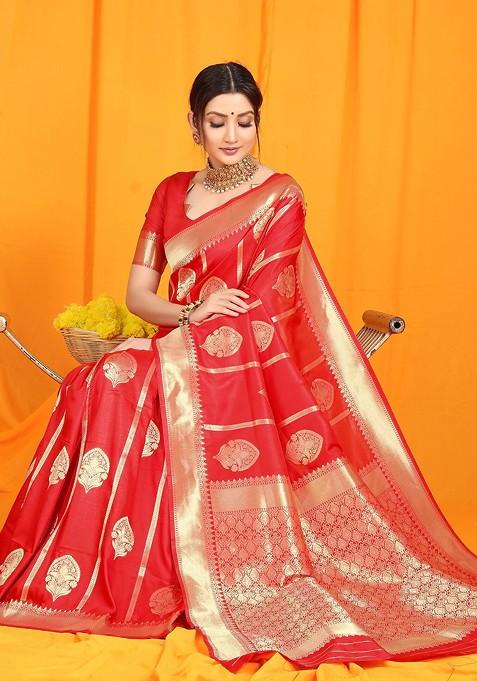 Red And Golden Ethnic Motifs Zari Pure Banarasi Silk Saree Set