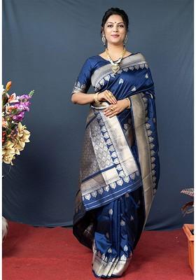 Navy Blue Ethnic Motifs Zari Pure Banarasi Silk Saree Set