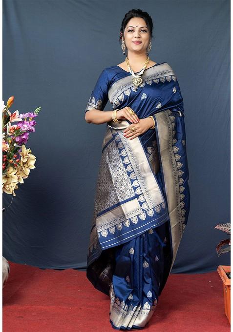 Navy Blue Ethnic Motifs Zari Pure Banarasi Silk Saree Set