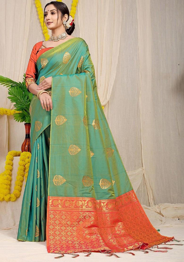 Olive Ethnic Motifs Woven Zari Pure Banarasi Silk Saree Set