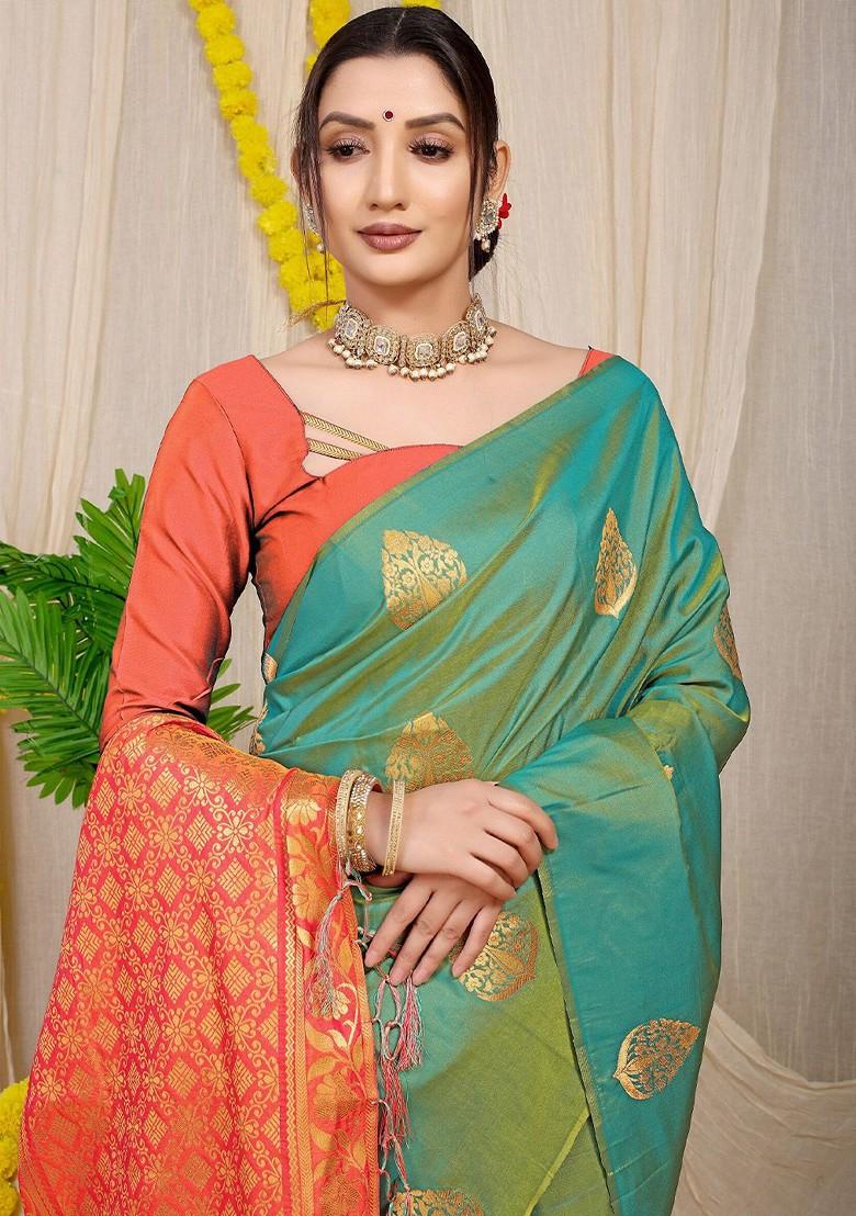 Olive Ethnic Motifs Woven Zari Pure Banarasi Silk Saree Set