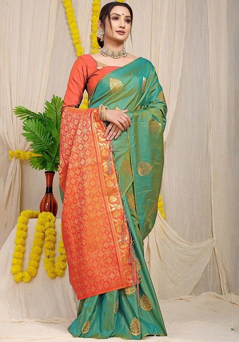 Olive Ethnic Motifs Woven Zari Pure Banarasi Silk Saree Set