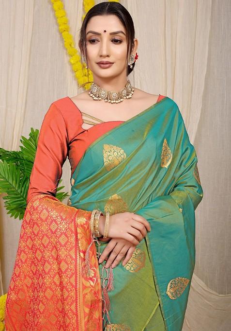 Olive Ethnic Motifs Woven Zari Pure Banarasi Silk Saree Set