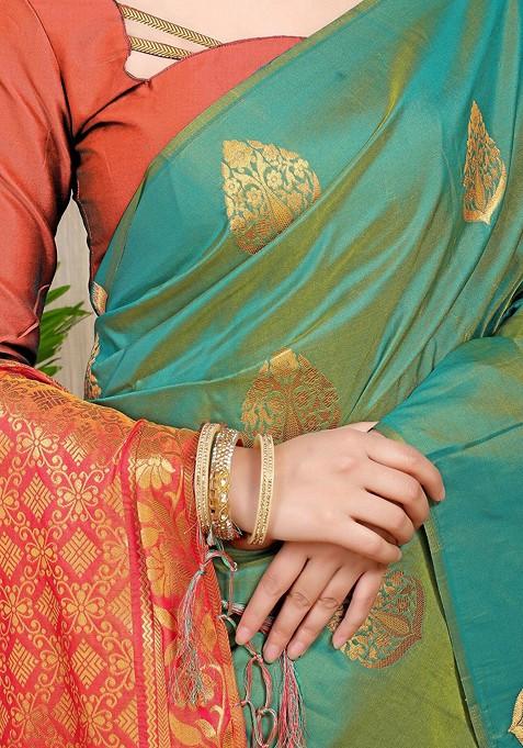 Olive Ethnic Motifs Woven Zari Pure Banarasi Silk Saree Set