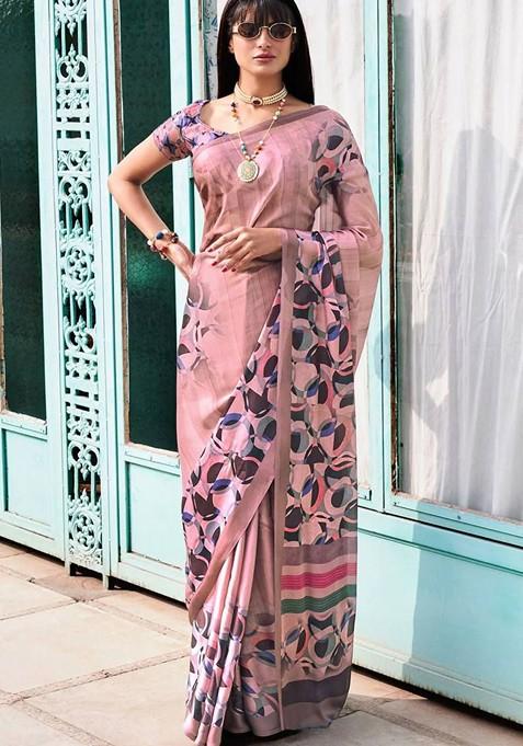 Purple Geometric Print Silk Blend Saree Set