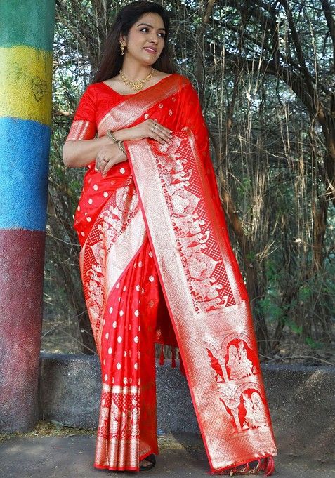 Red Woven Zari Pure Kanjeevaram Silk Saree Set