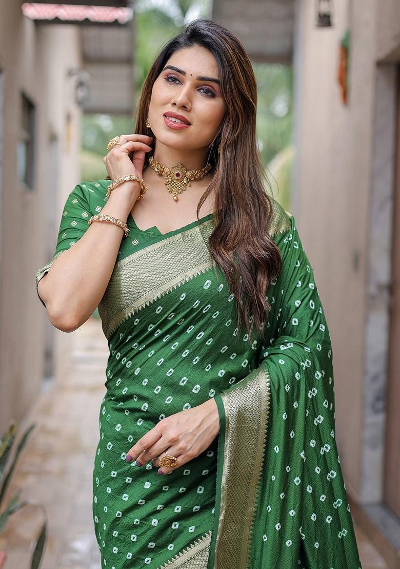 Green Bandhani Print Pure Silk Saree Set