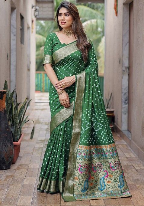 Green Bandhani Print Pure Silk Saree Set