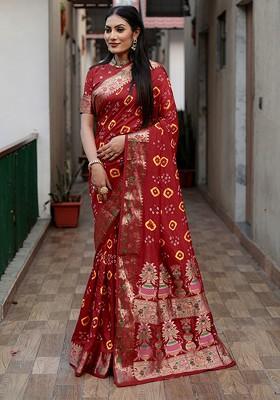 Red Bandhani Print Zari Pure Silk Saree Set