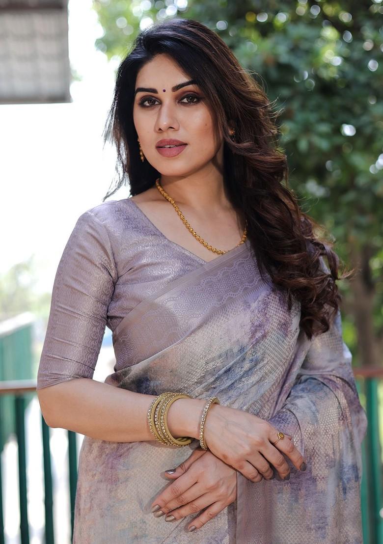 Lavender Tie And Dye Zari Pure Silk Saree Set - Indya