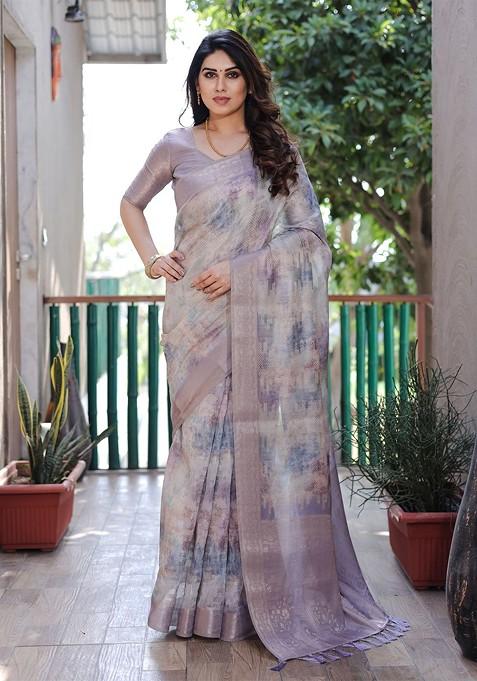 Lavender Tie And Dye Zari Pure Silk Saree Set