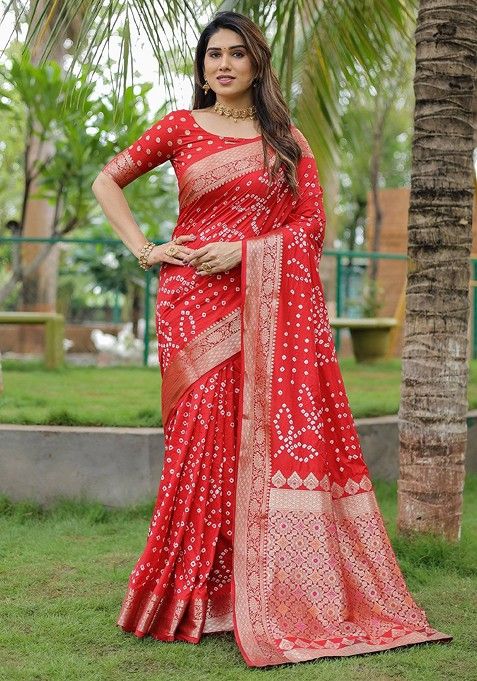 Red Printed Zari Pure Silk Bandhani Saree Set