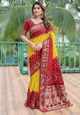 Red Zari Pure Silk Bandhani Saree Set