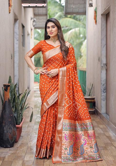 Orange Zari Pure Silk Bandhani Saree Set