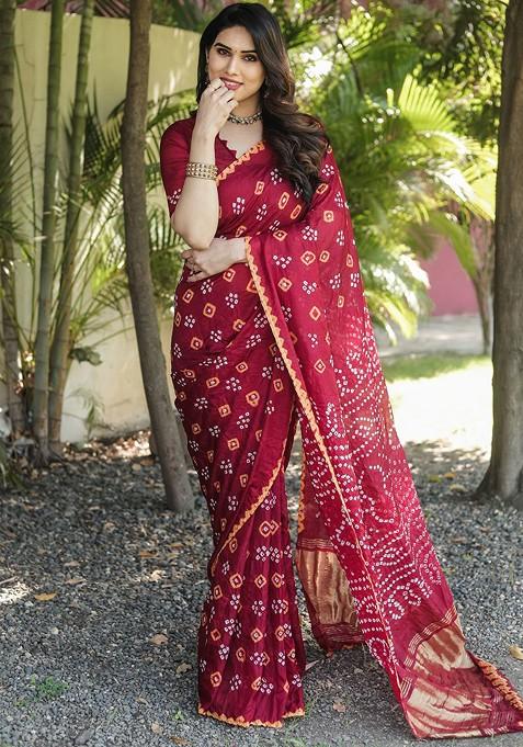 Maroon Mukaish Pure Silk Bandhani Saree Set