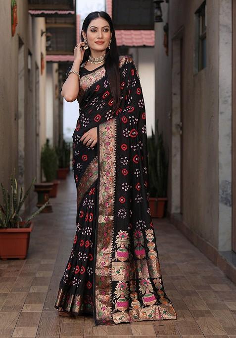 Black Zari Pure Silk Bandhani Saree Set