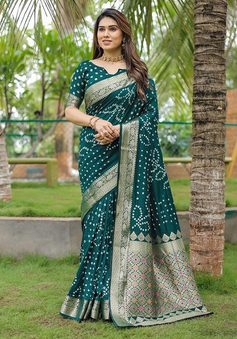 Green Printed Zari Pure Silk Bandhani Saree Set