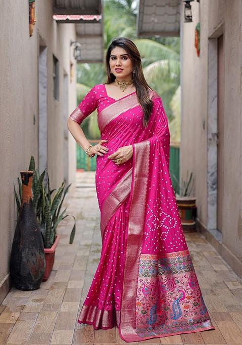 Pink Woven Zari Pure Silk Bandhani Saree Set