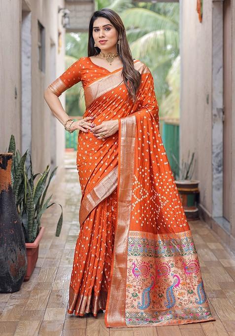 Orange Zari Pure Silk Bandhani Saree Set