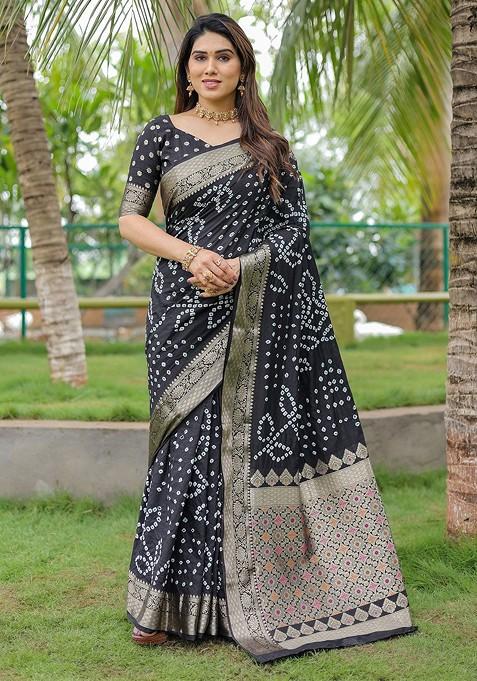 Black Printed Pure Silk Bandhani Saree Set