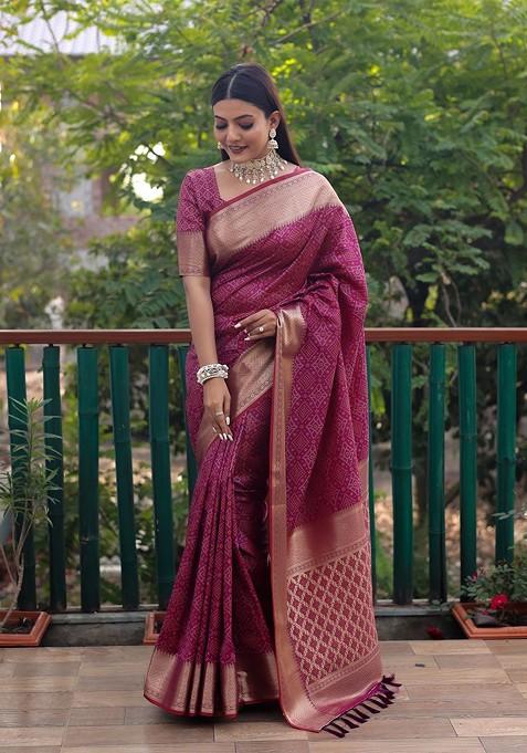 Purple Bandhani Print Zari Pure Silk Saree Set