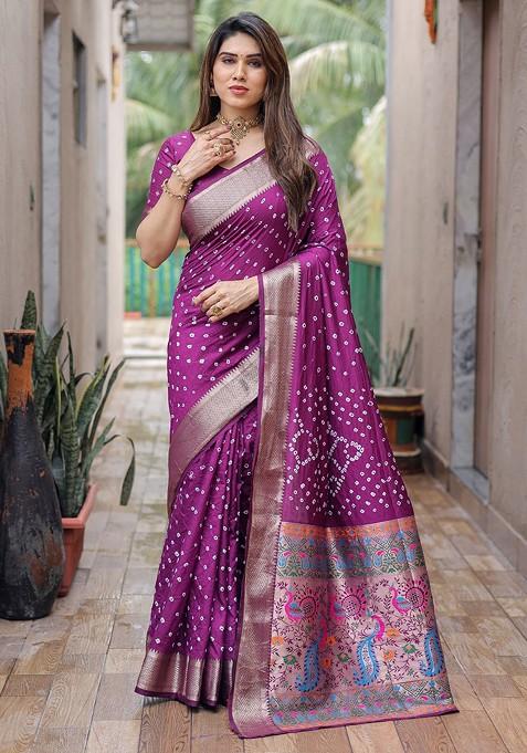 Purple Bandhani Print Pure Silk Saree Set