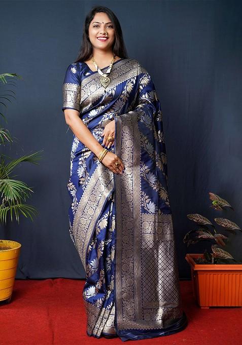 Navy Blue Floral Woven Zari Pure Banarasi Silk Saree Set