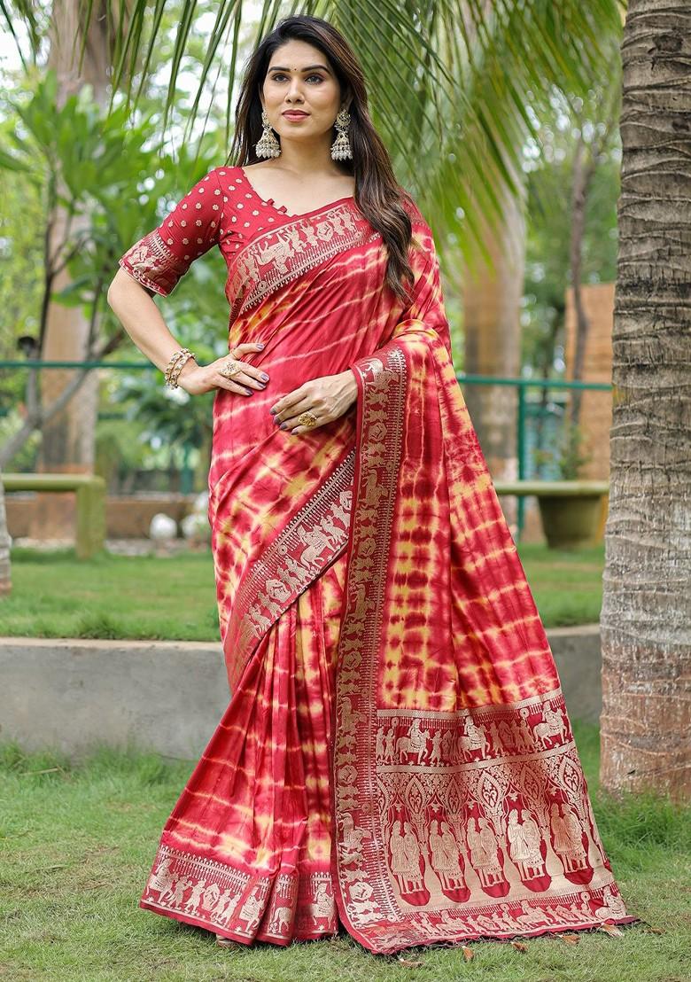 Red Ombre Zari Pure Silk Bandhani Saree Set