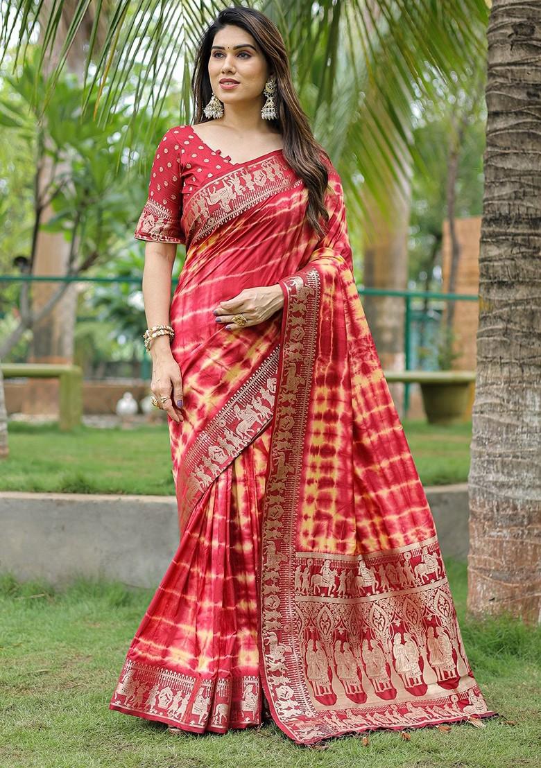 Red Ombre Zari Pure Silk Bandhani Saree Set