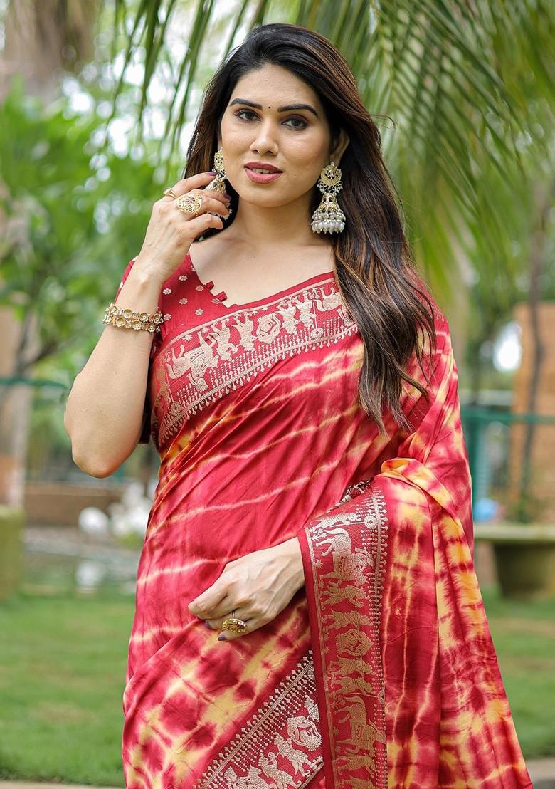 Red Ombre Zari Pure Silk Bandhani Saree Set
