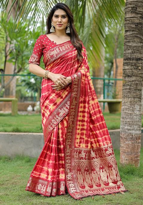 Red Ombre Zari Pure Silk Bandhani Saree Set