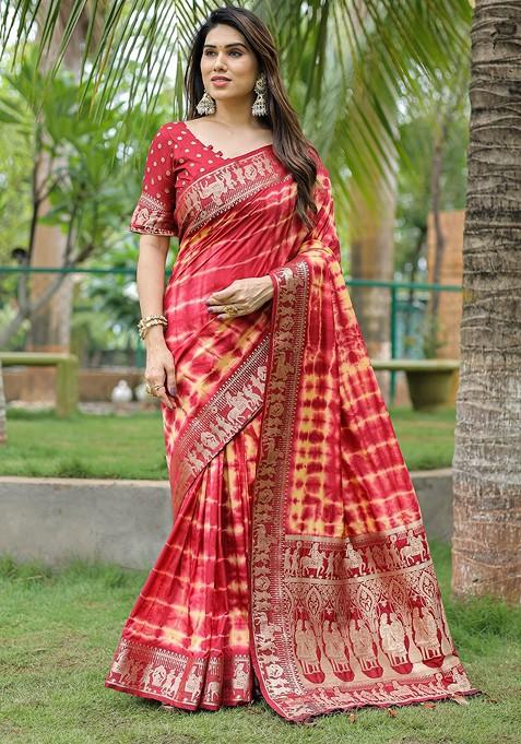 Red Ombre Zari Pure Silk Bandhani Saree Set