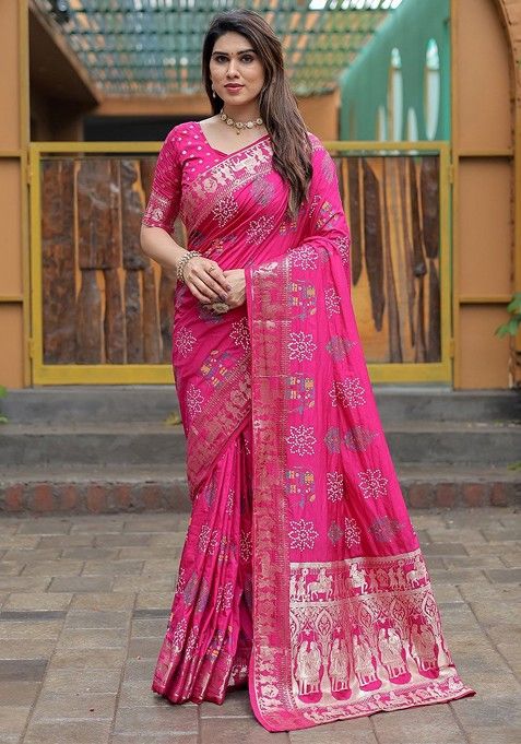 Pink Bandhani Print Pure Silk Saree Set