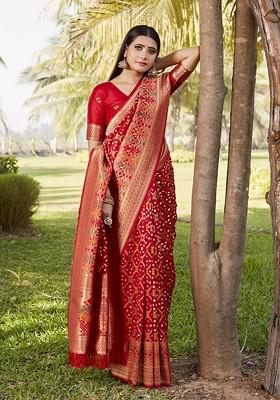 Red Woven Zari Pure Silk Bandhani Saree Set