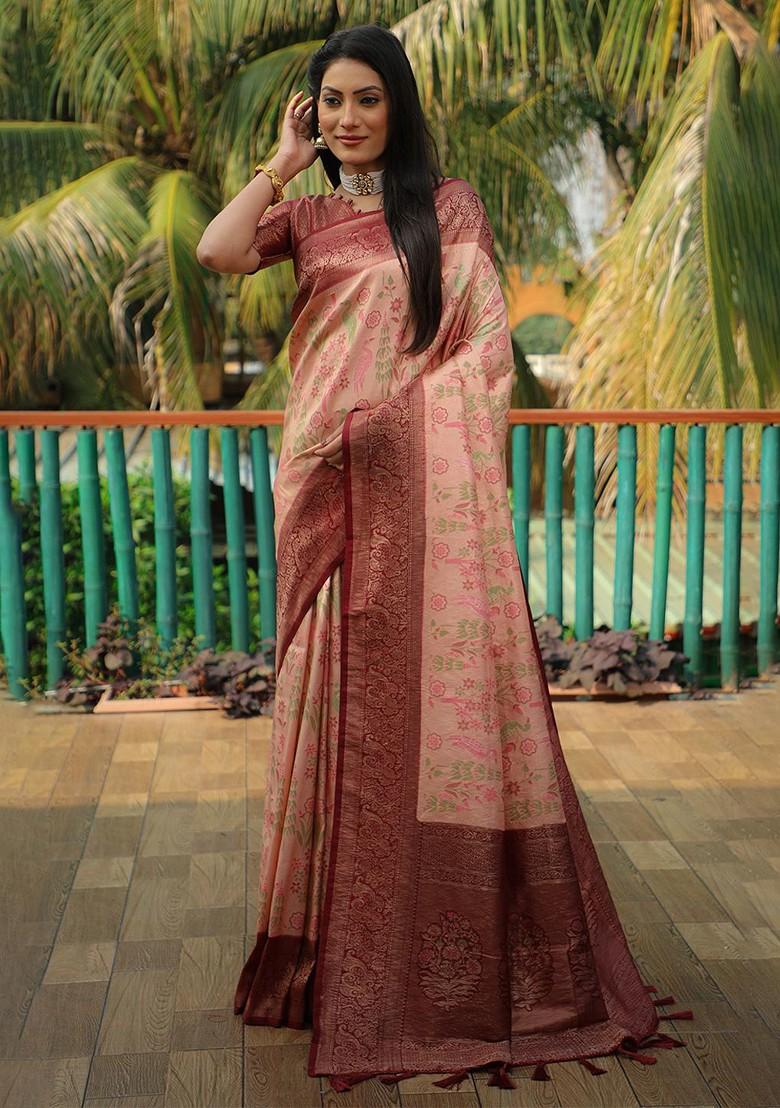 Peach Woven Zari Pure Kanjeevaram Silk Saree Set