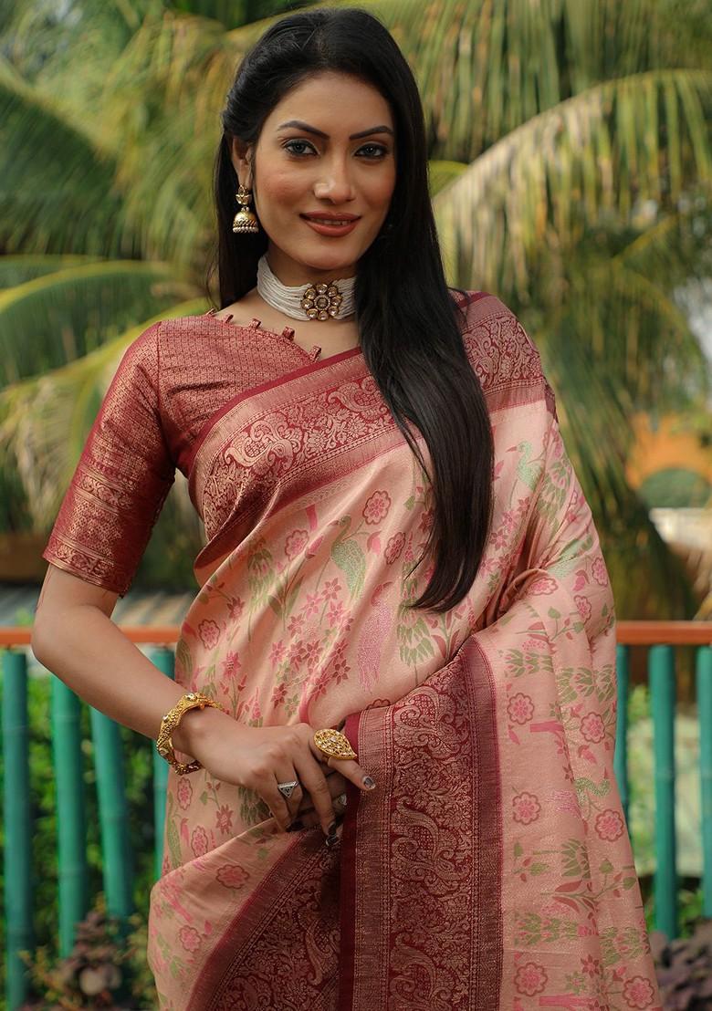 Peach Woven Zari Pure Kanjeevaram Silk Saree Set