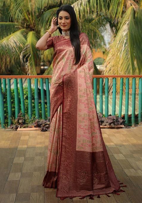 Peach Woven Zari Pure Kanjeevaram Silk Saree Set