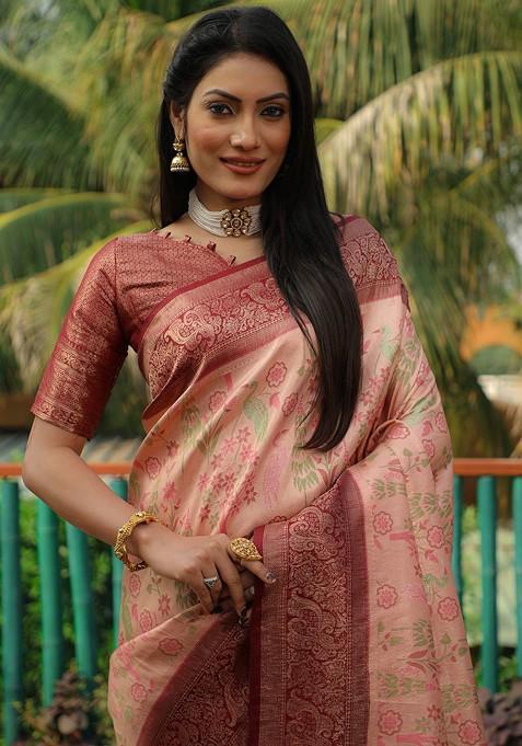 Peach Woven Zari Pure Kanjeevaram Silk Saree Set