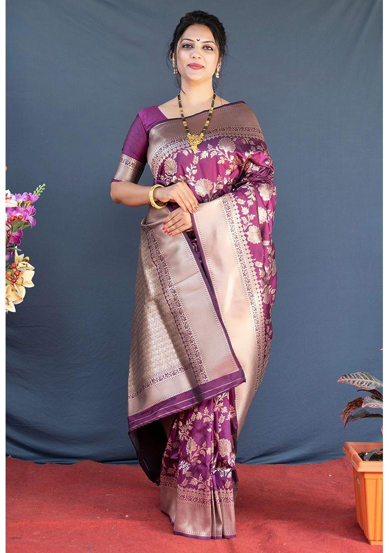 Purple And Golden Woven Zari Pure Banarasi Silk Saree Set