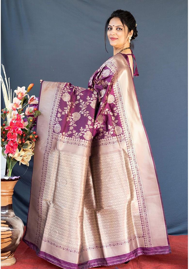 Purple And Golden Woven Zari Pure Banarasi Silk Saree Set