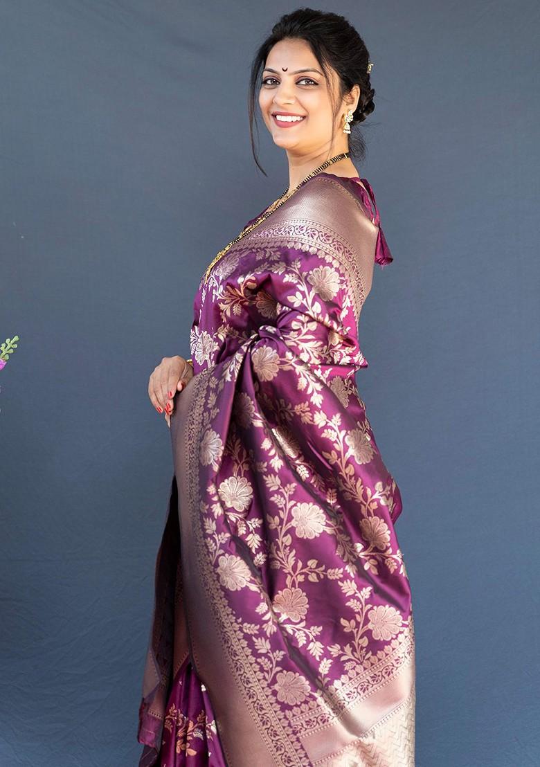 Purple And Golden Woven Zari Pure Banarasi Silk Saree Set