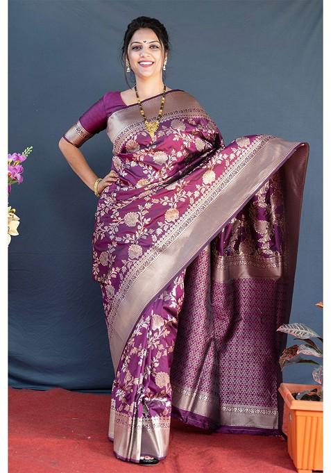 Purple And Golden Woven Zari Pure Banarasi Silk Saree Set