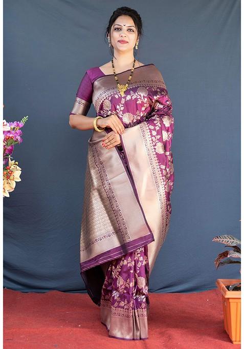 Purple And Golden Woven Zari Pure Banarasi Silk Saree Set
