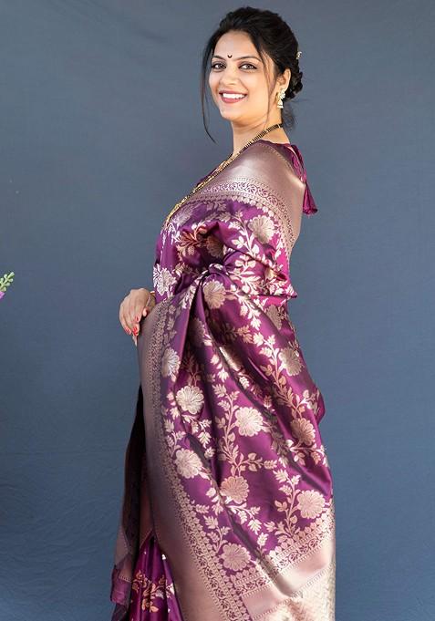 Purple And Golden Woven Zari Pure Banarasi Silk Saree Set