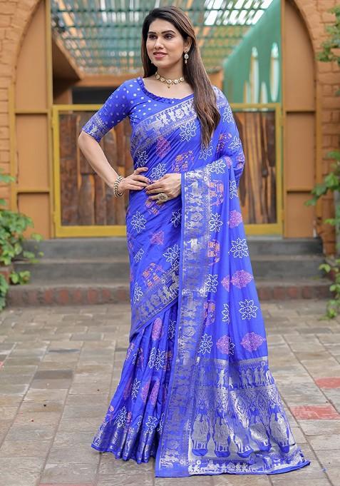 Blue Bandhani Print Pure Silk Saree Set