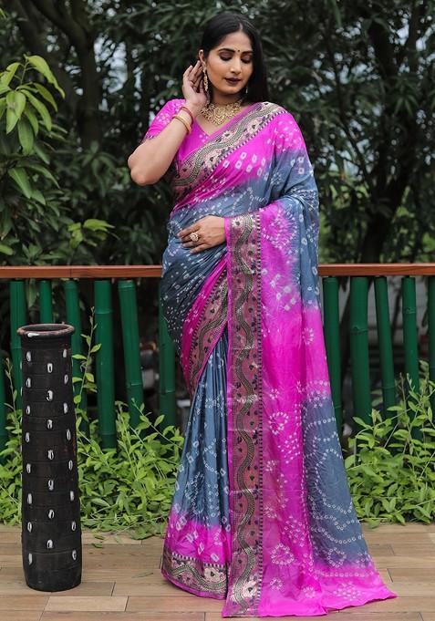 Pink Pure Silk Bandhani Saree Set